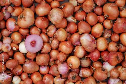 Small round onion bulbs laid out for drying.