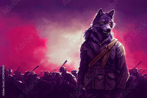 Photo the werewolf wearing ww1 army uniforms, red purple and white colors, full Body p