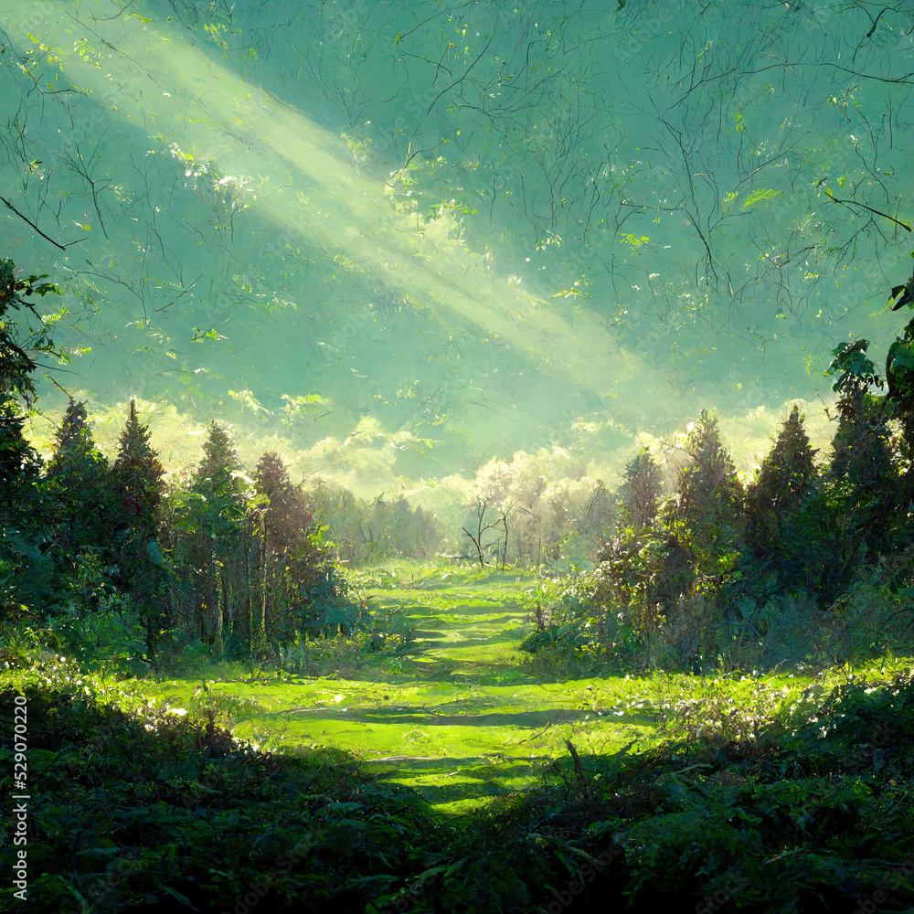 Light and forest - Afternoon , anime style, a lot of green grass. High quality illustration