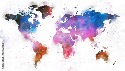 World map with continents, watercolor art