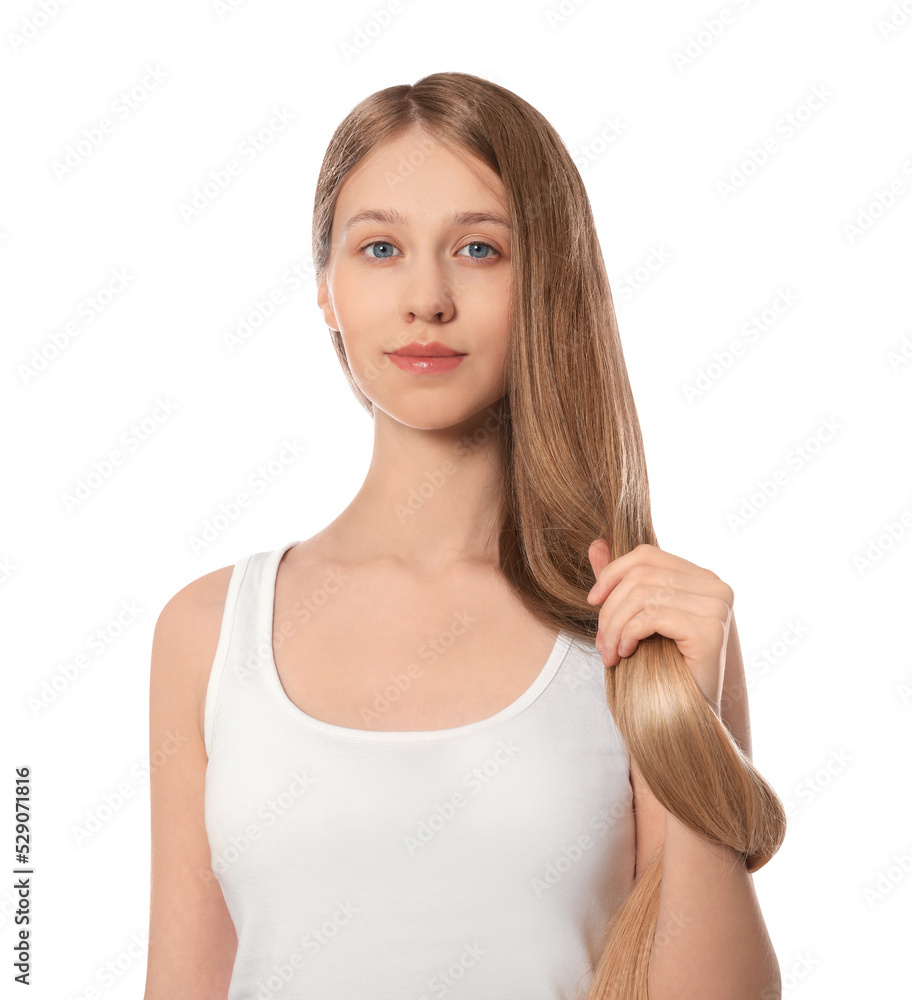 Teenage girl with strong healthy hair on white background Teenage girl with strong healthy hair on white background