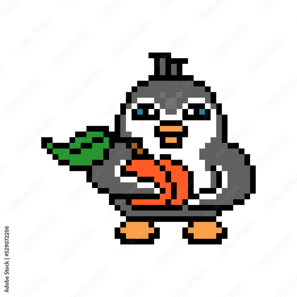 Happy penguin holding a peach, cute pixel art animal character isolated on white background. Old school retro 80's-90's 8 bit slot machine, 2d video game graphics. Bird with a fruit, cartoon mascot. Happy penguin holding a peach, cute pixel art animal character isolated on white background. Old school retro 80's-90's 8 bit slot machine, 2d video game graphics. Bird with a fruit, cartoon mascot.