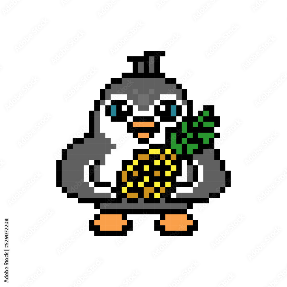 Penguin holding a pineapple, cute pixel art animal character isolated on white background. Old school retro 80's-90's 8 bit slot machine, 2d video game graphics. Bird with a fruit, cartoon mascot.
