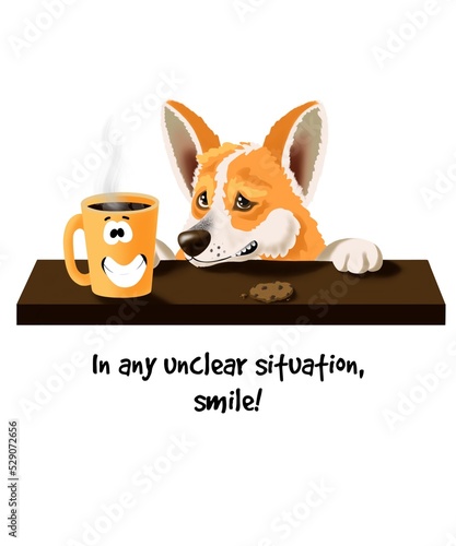 Dog smiling at funny yellow cup