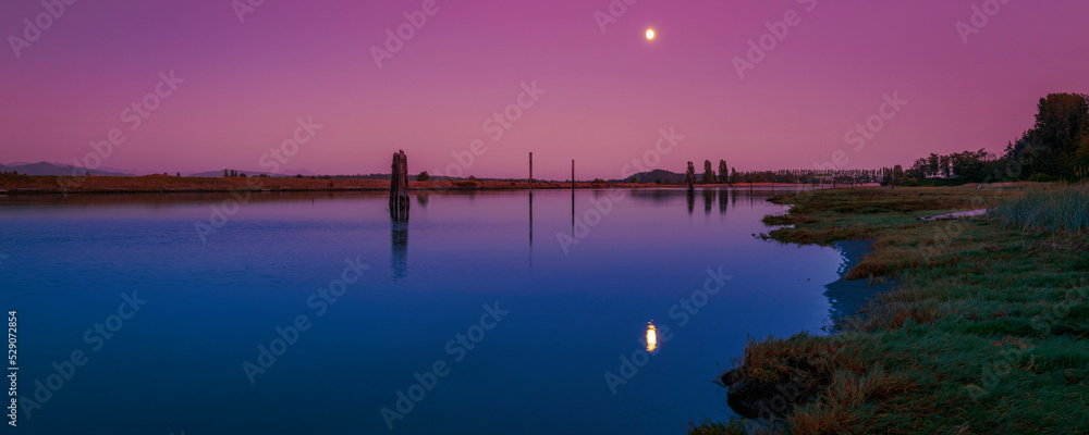 Moonrise in the pink sky over Swinomish Channel near Skagit Bay in La Conner, Washington State