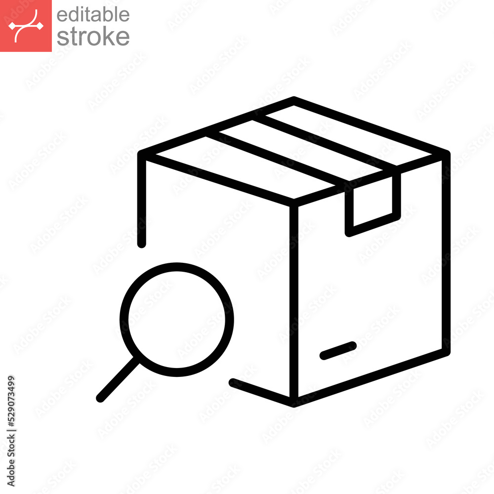 Tracking package line icon. Search package distribution, shipping goods or merchandise. Delivery cargo product. tracking logistics . Editable stroke Vector illustration design on white backgroundEPS10 Tracking package line icon. Search package distribution, shipping goods or merchandise. Delivery cargo product. tracking logistics . Editable stroke Vector illustration design on white backgroundEPS10