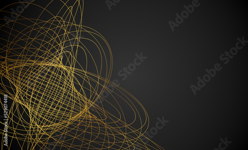 golden abstract lines waves and curves on black background. Banner Copy space