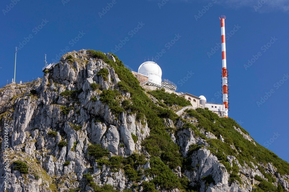 Transmission mast, observatory, summit, Wendelstein, 1838m, Mangfall Mountains, Bavarian Alps, Upper Bavaria, Bavaria, Germany, Europe