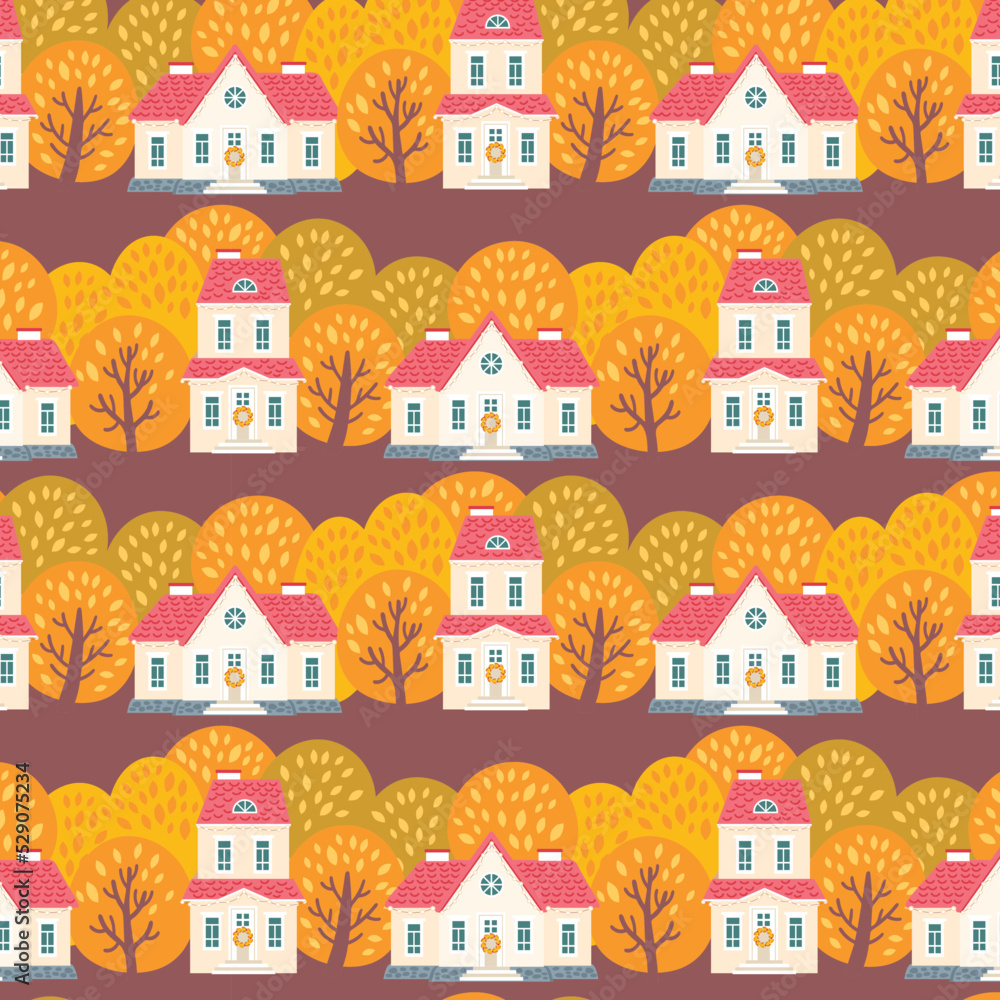Fall town seamless pattern. Autumn background with houses for wallpaper, wrapping paper and fabric