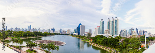 Panorama view of Benjakitti Park in the afternoon. The park is a public park in the Khlong Toei District of central, situated next to the Queen Sirikit National Convention Center. Bangkok, Thailand