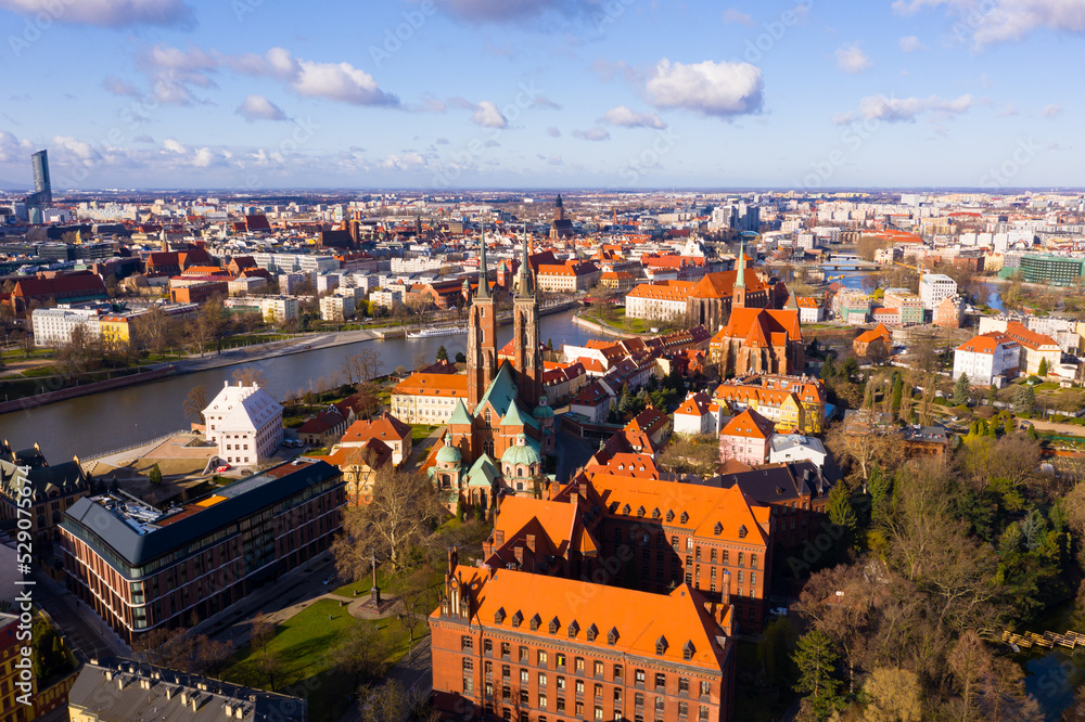 Panoramic view from the drone on the city Wroclaw and Odra river. Poland