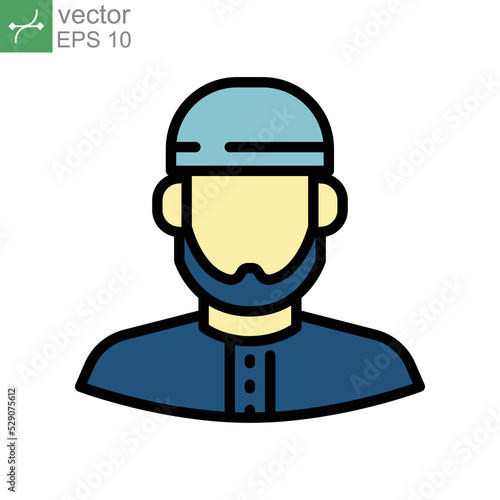 Male muslim avatar icon. Islam arabic man in traditional muslim hat. Middle Eastern human profile.  Filled style pictogram for ramadan  eid logo. Vector illustration design on white background. EPS 10