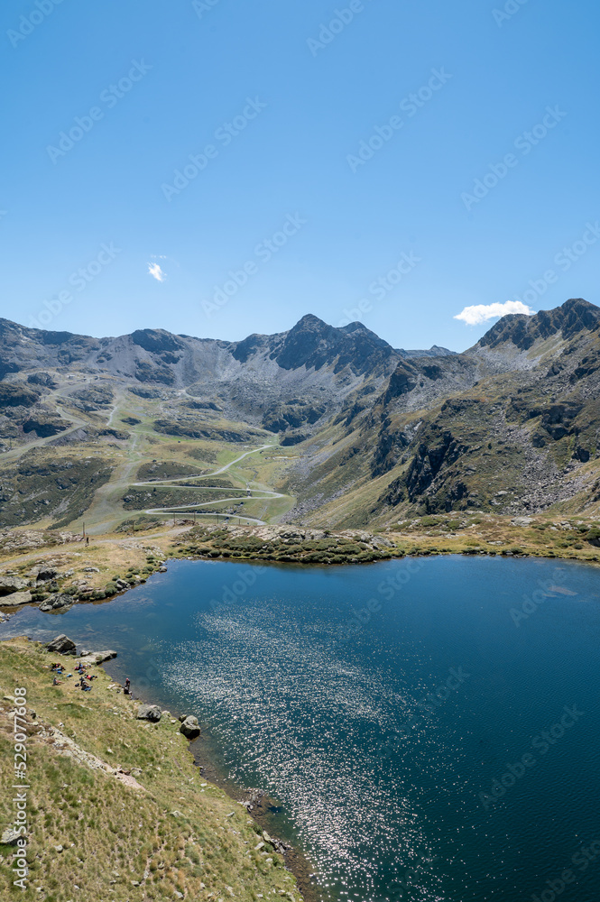 Lake at the Ordino Arcalis by Grandvalira Pyrenees resort in the summer of 2022