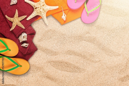 Top view of  towel on sandy beach. Holiday summer concept