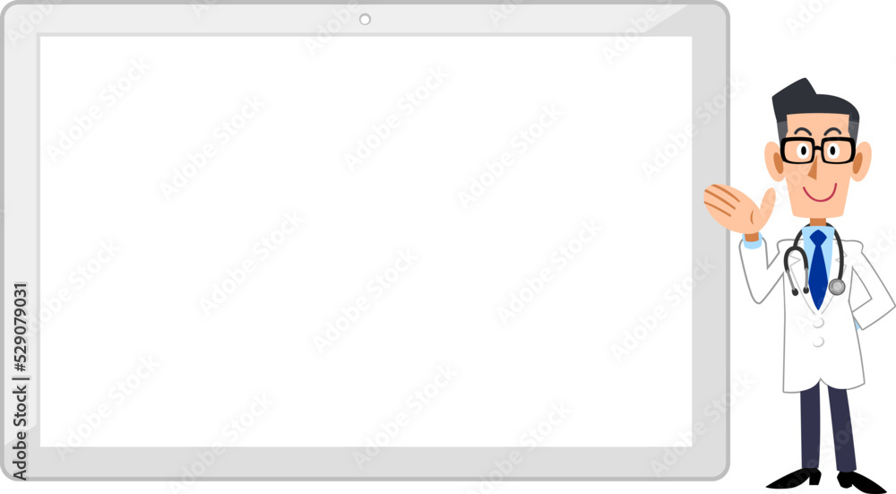 白いタブレットPCの右側で案内する男性医師
白いタブレットPCの右側で案内する男性医師