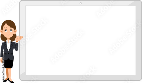 横置きの白いタブレットPCの左側で案内するビジネスウーマン

