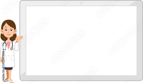 白いタブレットPCの右側で案内する女性医師
