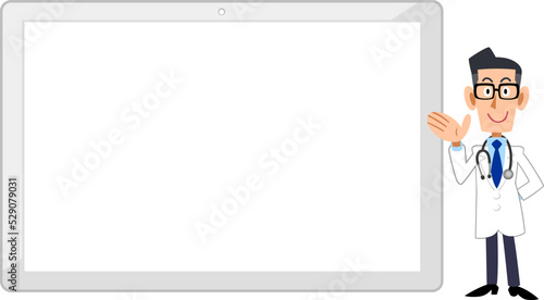 白いタブレットPCの右側で案内する男性医師

