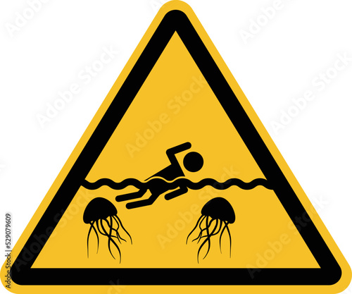warning beware of jellyfish icon on white background. sea jellyfish and swimmer on the sign. flat style.