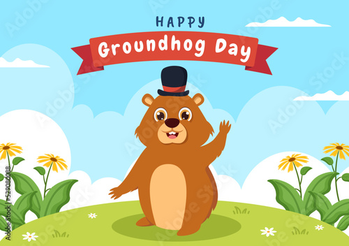 Happy Groundhog Day on February 2 with Cute Marmot Character and Garden Background Template Hand Drawn Cartoon Flat Illustration