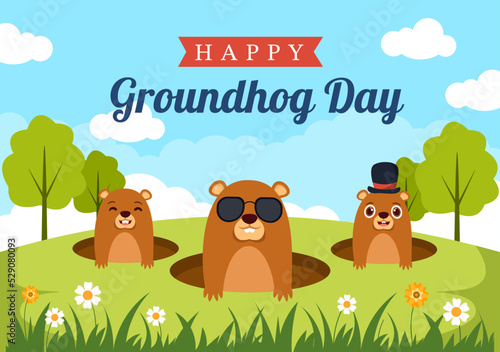 Happy Groundhog Day on February 2 with Cute Marmot Character and Garden Background Template Hand Drawn Cartoon Flat Illustration