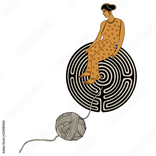 Ancient Greek woman sitting on a round spiral maze or labyrinth symbol and a yarn ball. Ariadne thread. Creative mythological concept. Isolated vector illustration.