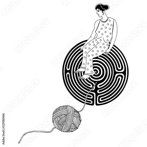 Ancient Greek woman sitting on a round spiral maze or labyrinth symbol and a yarn ball. Ariadne thread. Creative mythological concept. Black and white silhouette. photo