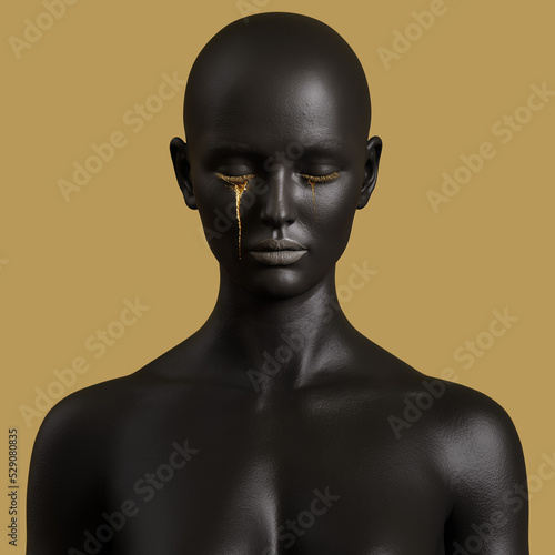 Female figure with eyes closed and golden tears, dark background. 3D illustration.