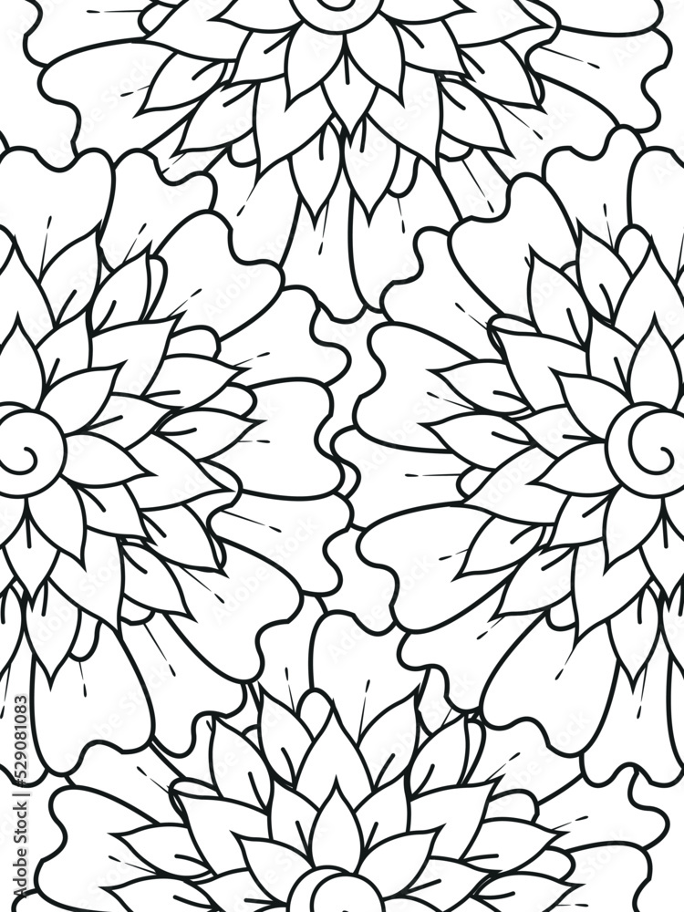 Obraz premium Doodle floral pattern in black and white. A page for coloring book: fascinating and relaxing job for children and adults. Zentangle drawing. Flower carpet in a magic garden