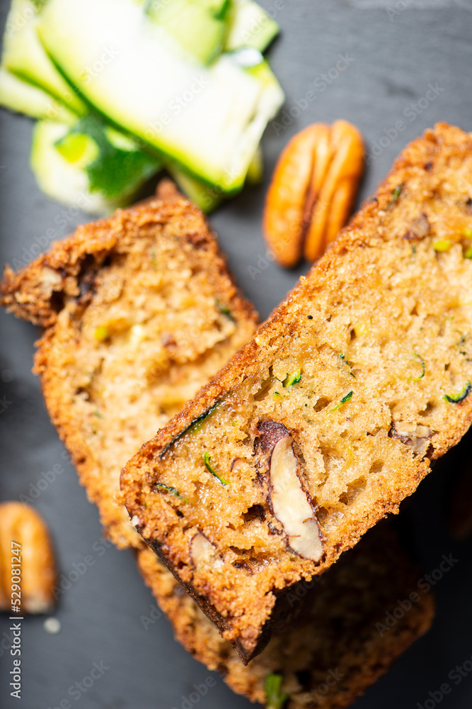 Home-made fresh baked zucchini quick bread with pecans. Home-made fresh baked zucchini quick bread with pecans.
