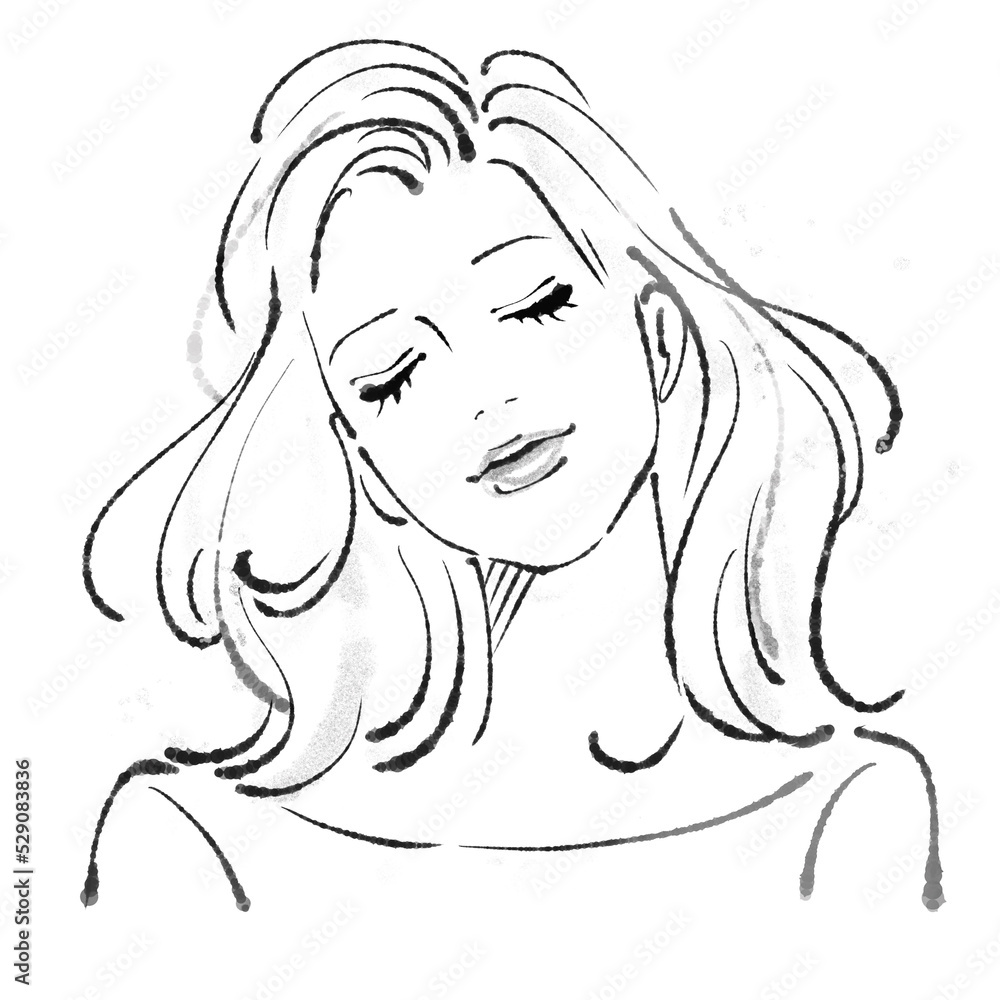 女性の手書きモノクロ線画イラスト 女性の手書きモノクロ線画イラスト