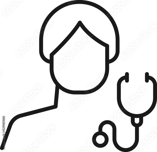 Hobby, business, profession of man. Modern vector outline symbol in flat style with black thin line. Monochrome icon of stethoscope by anonymous male