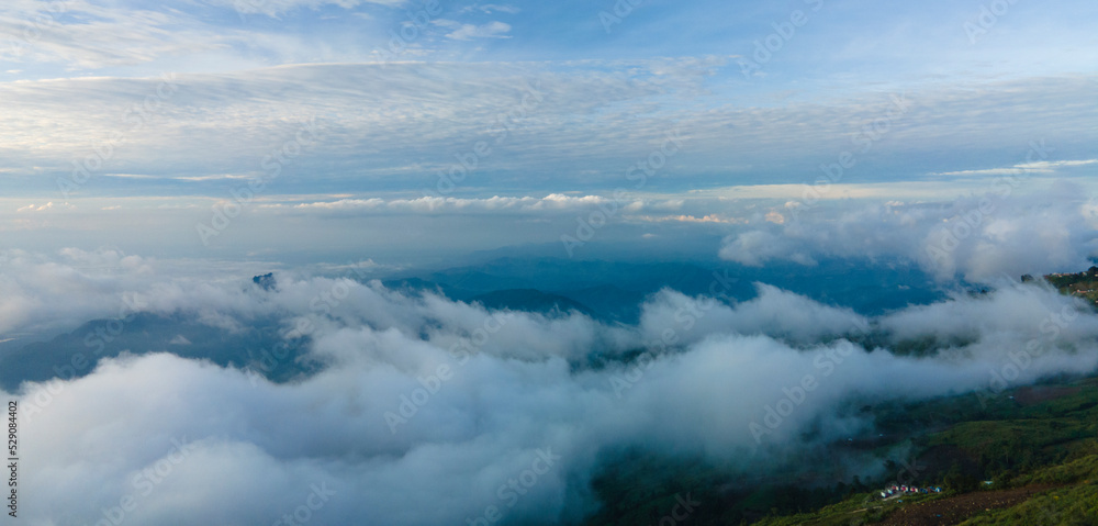 Aerial drone shot Landscape Panorama view, Morning fog on rainforest mountain, inspirational ideas.