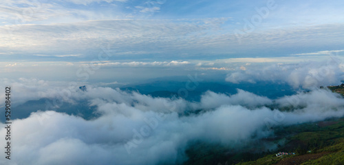 Aerial drone shot Landscape Panorama view, Morning fog on rainforest mountain, inspirational ideas.