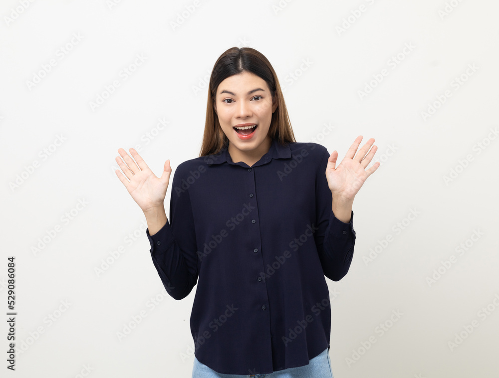 Excited woman shout out loud wow on isolated white background. Happy shocked face female wow promotion advertising concept. Excited woman shout out loud wow on isolated white background. Happy shocked face female wow promotion advertising concept.