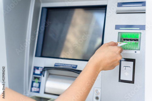 Atm machine screen. Holding american bill cash. Woman withdraw money usd hundred dollar. Money stack, bank credit card.