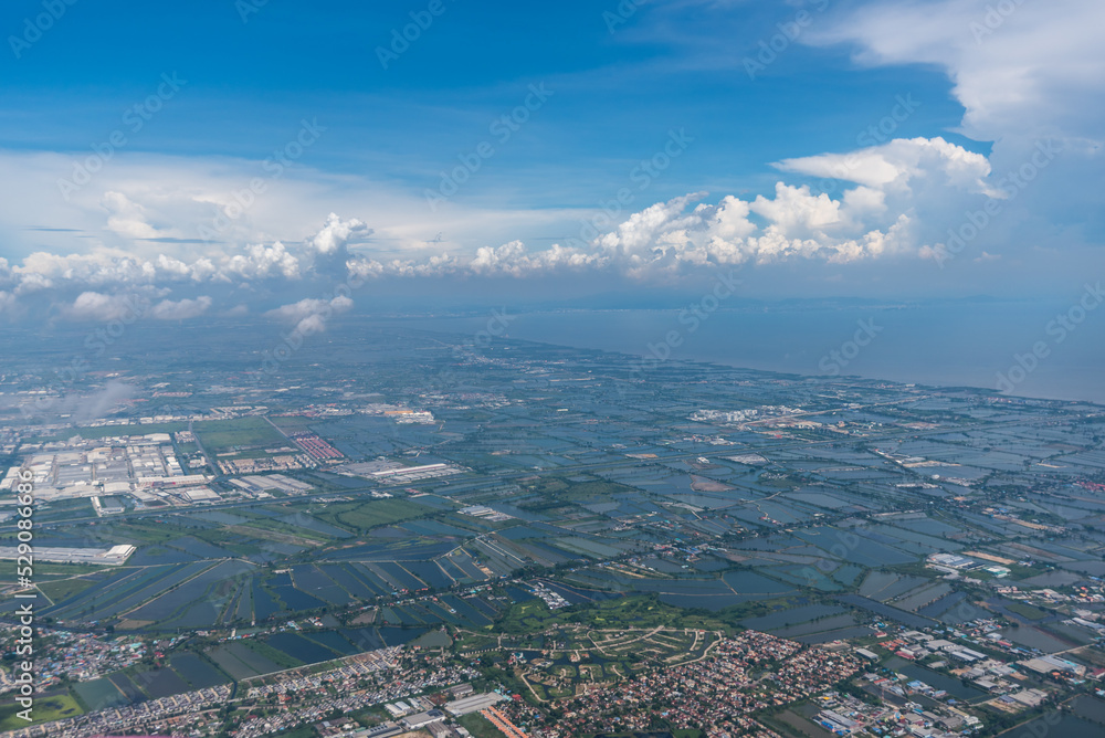 Aerial view of Bangkok with coastal town, Thailand