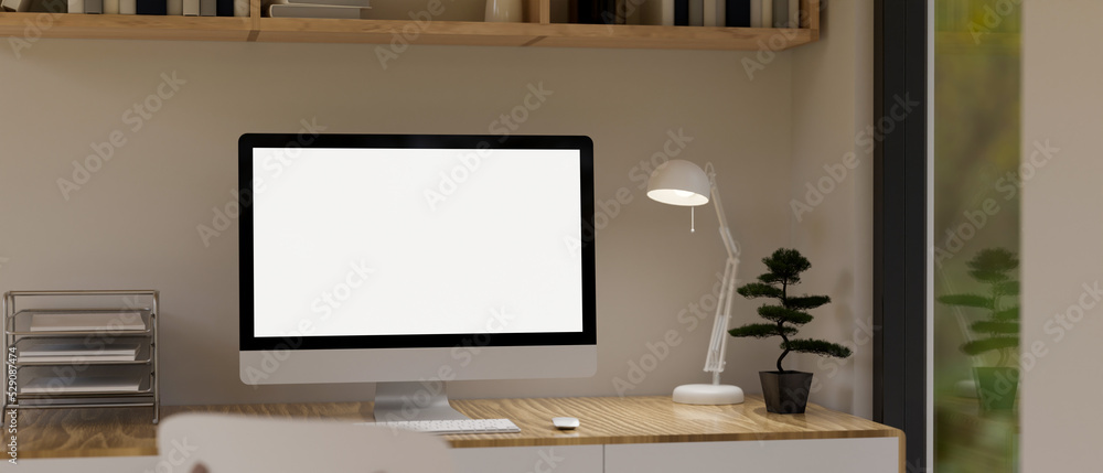Minimal Scandinavian home office interior in white and wood material style with computer mockup Minimal Scandinavian home office interior in white and wood material style with computer mockup