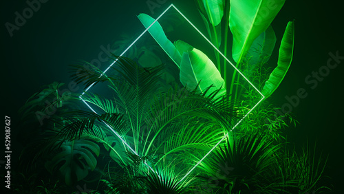 Tropical Plants Illuminated with Green and Blue Fluorescent Light. Rainforest Environment with Diamond shaped Neon Frame. photo
