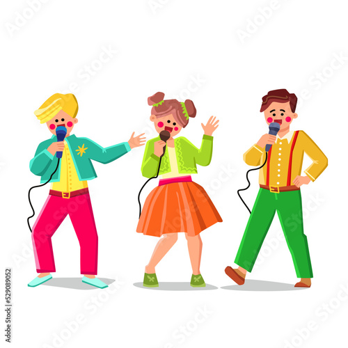 singing kids vector. child girl microphone, song singer, music fun, artist children, happy childhood singing kids character. people flat cartoon illustration
