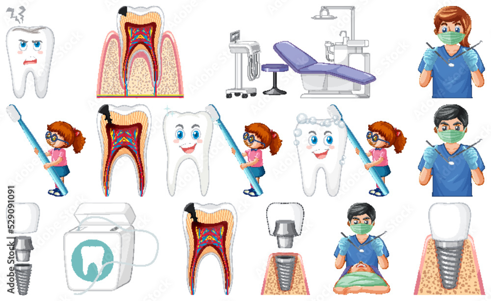 Set of dental equipments and cartoon characters
