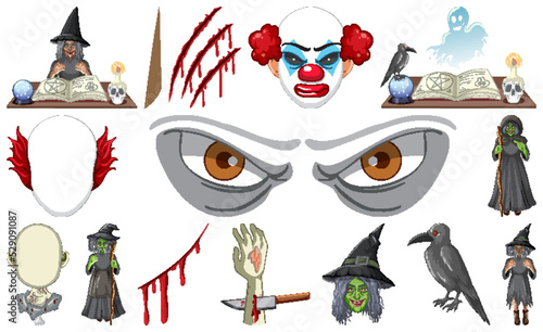 Set of horror halloween objects and cartoon characters