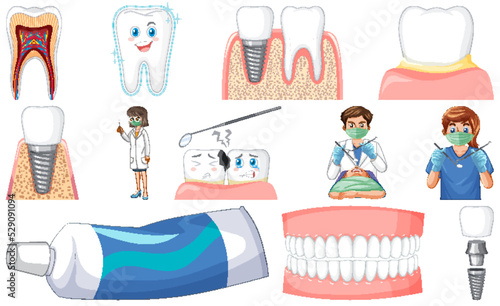 Set of dental equipments and cartoon characters