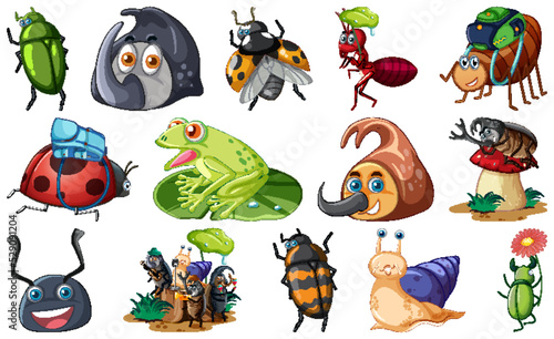 Set of various insects and amphibians cartoon