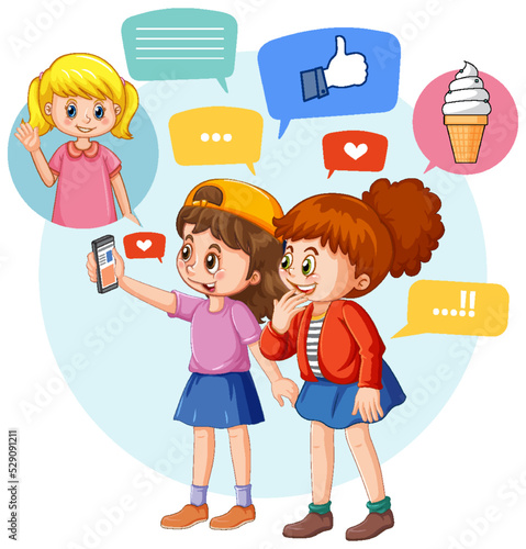 Two girls using smartphone for online learning