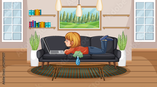 A girl browsing internet on laptop at home