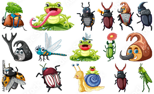 Set of various insects and amphibians cartoon