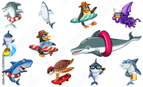 Set of various sea animals cartoon characters