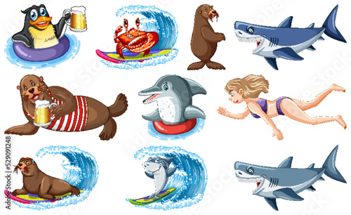 Set of various sea animals cartoon characters