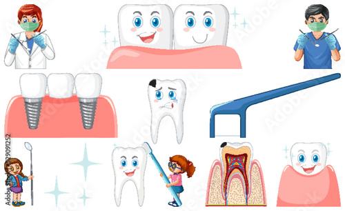 Set of dental equipments and cartoon characters